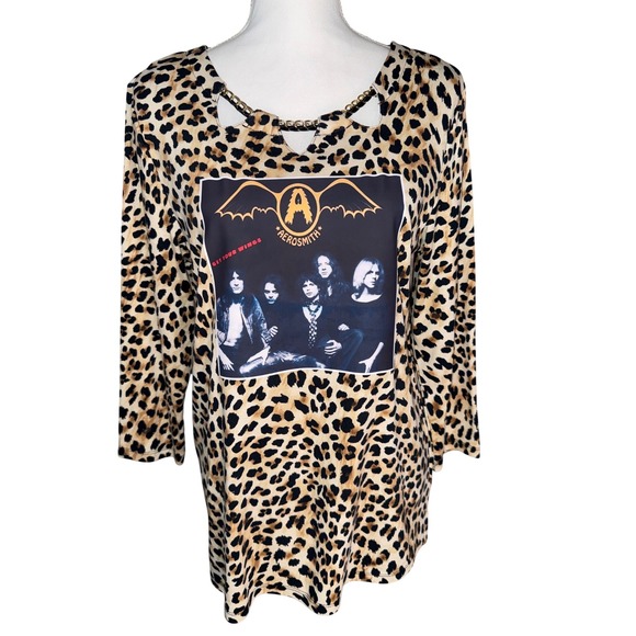Tops - Aerosmith Classy Leopard Print Rock Band Shirt Gold Chain Collar Ladies M